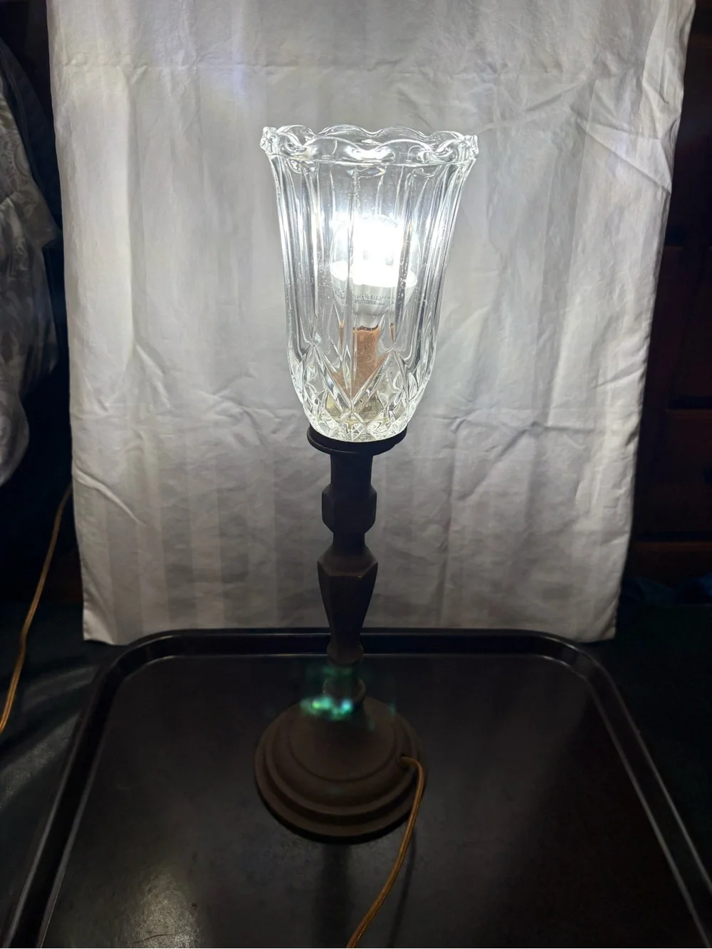 Vintage Torchiere Candlestick Table Lamp Brass Base Painted